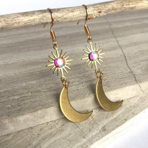 Sun and Moon Brass w/ Vintage Swarovski Crystal Earrings ~NWT